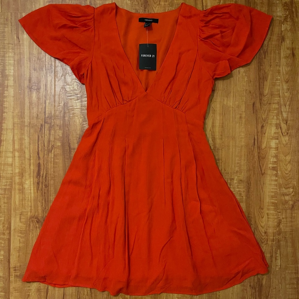 NWT Forever 21 Red Deep V Flutter Sleeve Dress